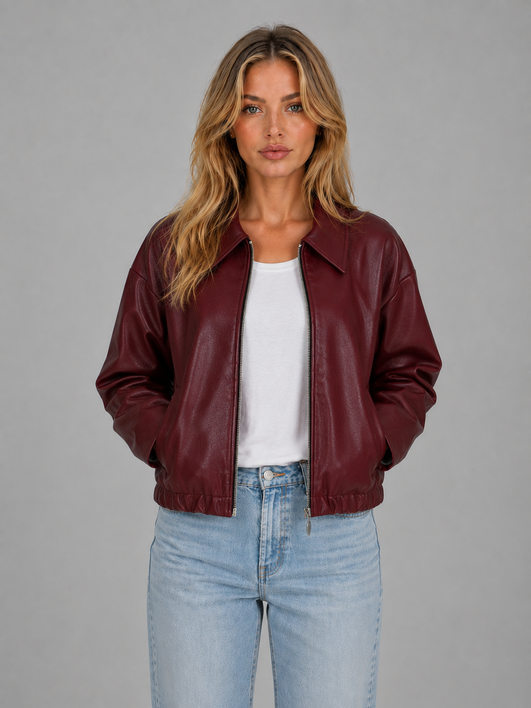 Women's Zip Faux Leather Jacket with Pockets – Relaxed Cropped Fit