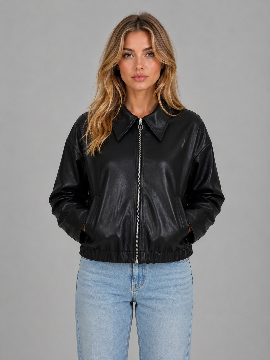Women's Zip Faux Leather Jacket with Pockets – Relaxed Cropped Fit